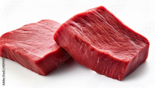 Two Square Pieces Of Raw Beef Against White Background