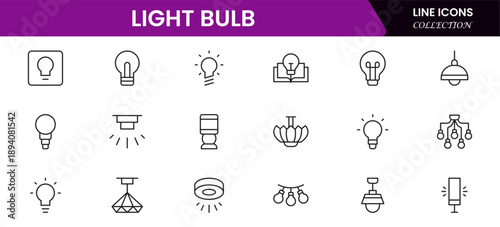 Light bulb idea line icons. Vector electric energy lamps and lightbulbs isolated outline symbols for creative solution, idea, innovation and inspiration concept.