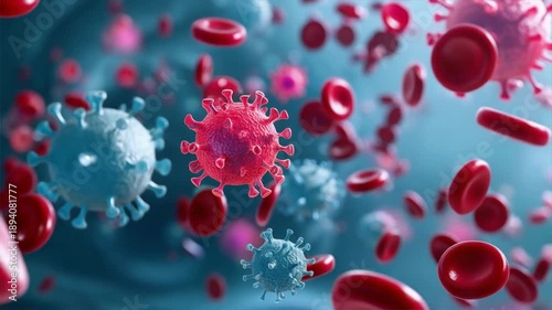 Microscopic view of red blood cells and viruses illustrating the battle between health and disease in the human body.