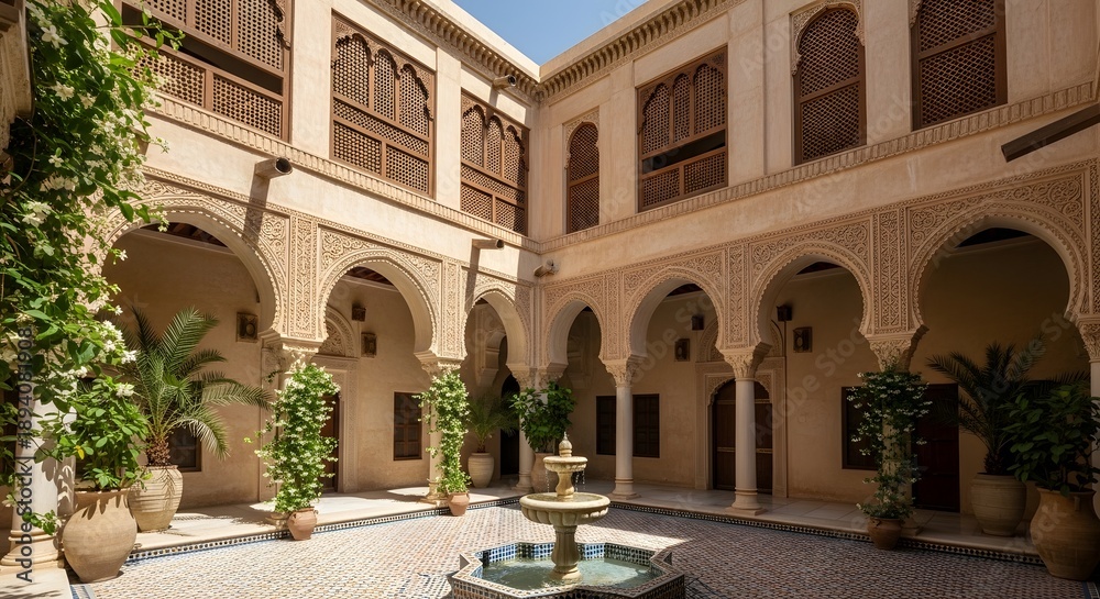 Obraz premium Ornate traditional moroccan riad courtyard features detailed stucco carvings, lush potted greenery, and a central tiered fountain.