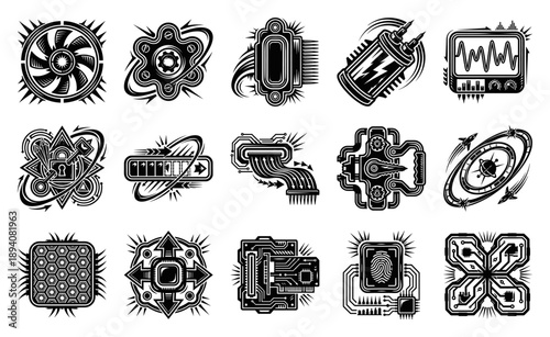 Retro Woodcut Cybernetic Hardware Element Kit for Futuristic Industrial Design and Data Technology Assets