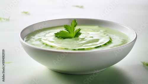 A Pristine White Ceramic Bowl Filled With Creamy Pale Green Cucumber Soup