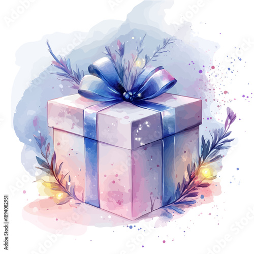 Birthday Gift Box, artistic semi-realistic fantasy style, soft glow effects, watercolor illustration, white background