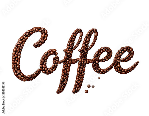 Coffee word written with coffee beans on transparent background