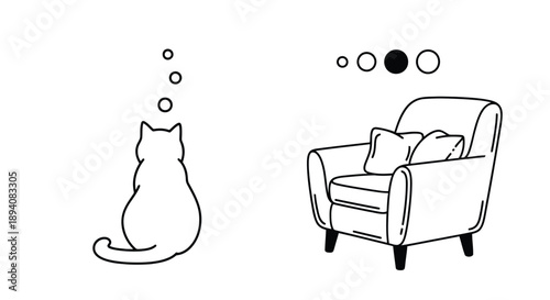 Minimalist line art illustration of a seated cat beside a cushioned armchair with abstract decorative spheres above