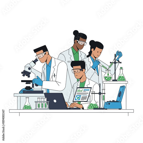 Diverse Scientists Collaborating in Modern Laboratory with Microscopic and Chemical Equipment