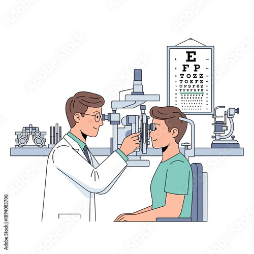 Eye Doctor Examines Patient With Vision Chart and Equipment