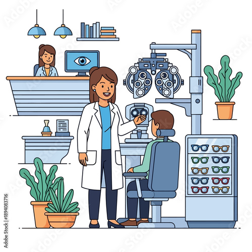 Optometrist examining patient's eyes with phoropter in modern clinic
