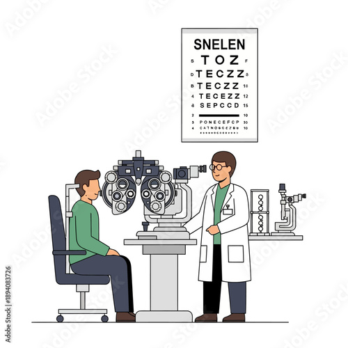 Optometrist examining patient's vision with eye chart and equipment