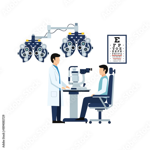 Optometrist examining patient's eyes with modern equipment and eye chart