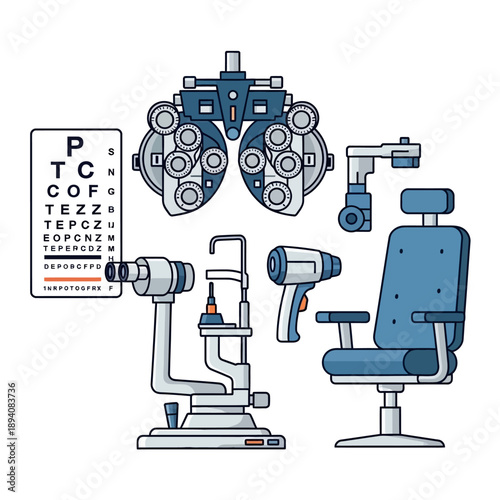 Ophthalmology Equipment: Eye Chart, Phoropter, Slit Lamp, Exam Chair, Tonometer