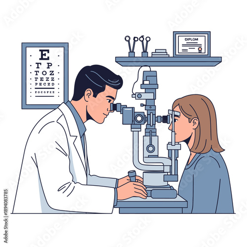 Optometrist examining patient's eye with slit lamp, eye chart in background