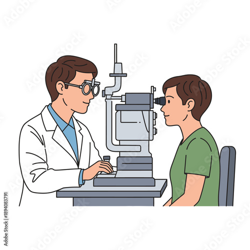 Ophthalmologist examining patient's eye with slit lamp, vision check