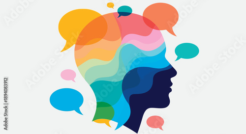 Colorful pastel speech bubbles forming a creative human profile symbolizing communication and diverse ideas in vibrant tones