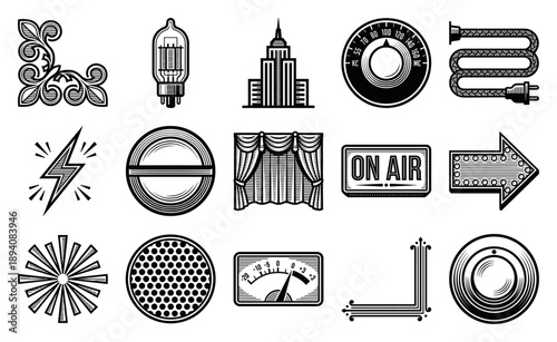 Retro Woodcut Style Broadcasting and Radio Engineering Element Kit for Vintage Mid-Century Media Production