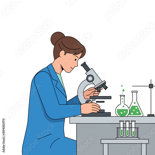 Female scientist looking through microscope in laboratory with test tubes and beakers