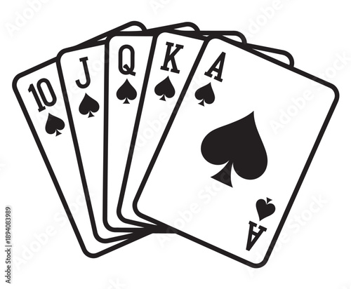 Spade royal straight flush poker hand, vector icon, casino, poker game, gambling, cards, online gaming, apps, flat design