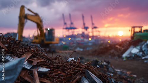 Scrap metal pile in outdoor recycling yard, sunset casting warm red glow, defocused industrial machinery and facility, environmental awareness and sustainability operation