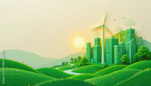 create a image of a sustainable eco city concept featuring green buildings and wind turbines in paper cut style, with the subject on the right and copy space on the left
