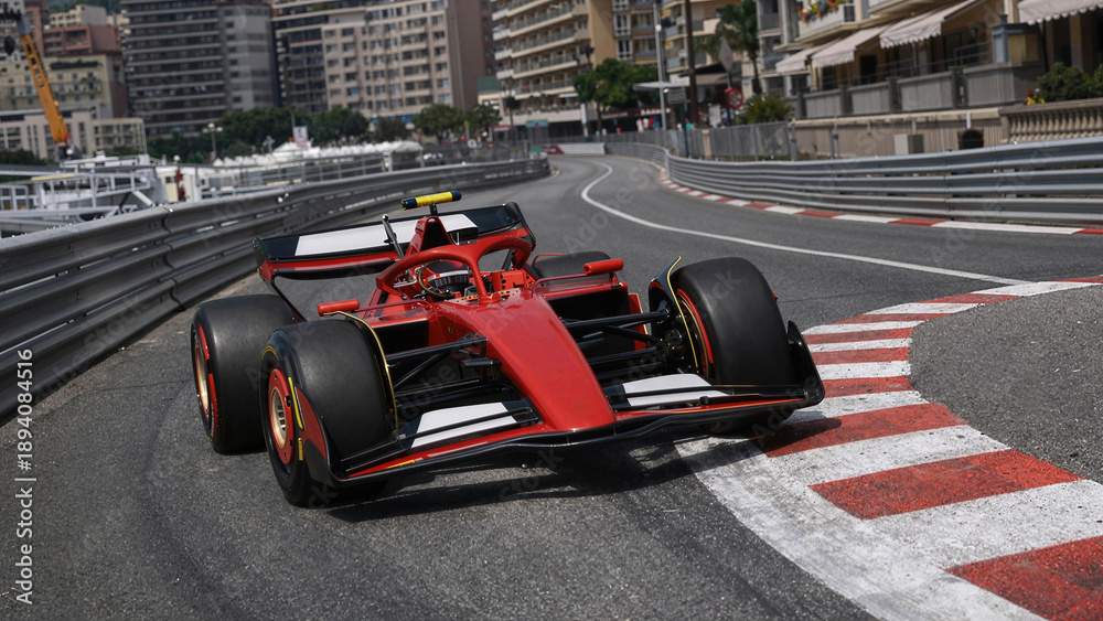 Obraz premium Red Formula One car on the city street circuit, red and white curb beside barriers, low angle, fast racing vehicle