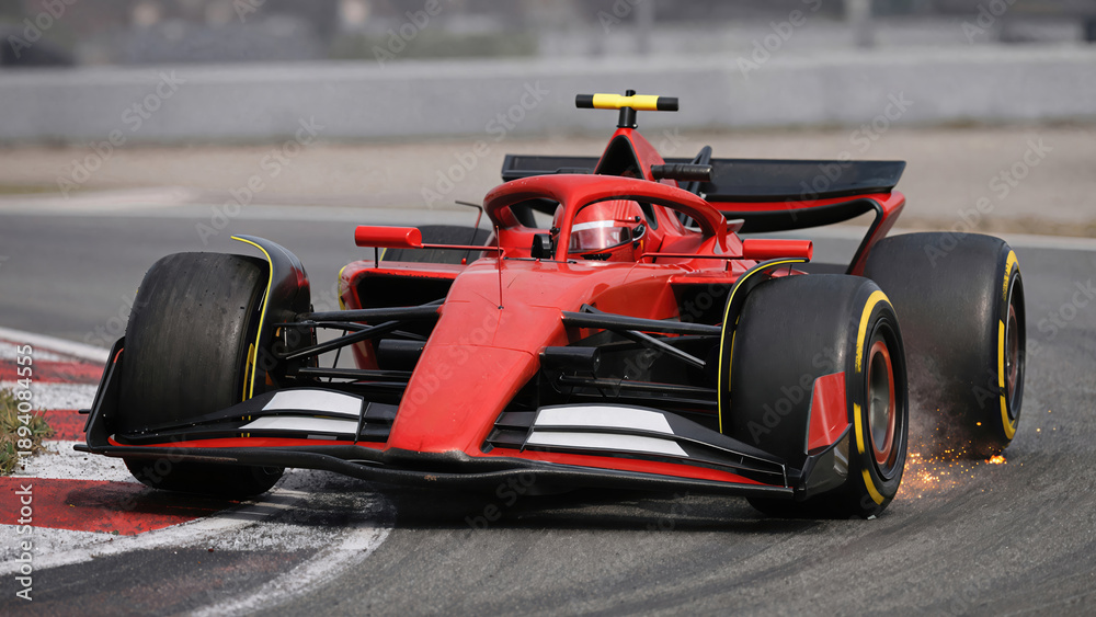 Fototapeta premium Red Formula race car on the paved circuit, blur motion, wide slick tires and sparks, high speed, low front angle