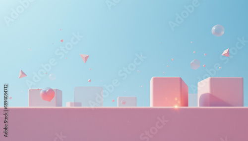 minimalist geometric shapes floating with subtle sparkles in a sky blue tone, create an eye catching position using simple geometric shapes that float against a light blue sky background