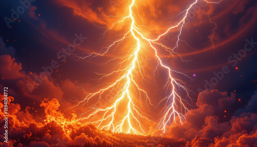 abstract wallpaper featuring fire and lightning storm explosions under golden hour, prismatic style, subject at the bottom with copy space at the top, optimized for photo use.