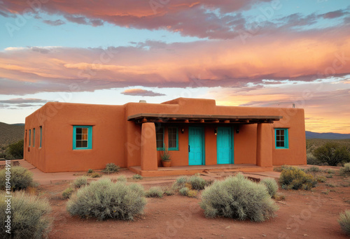 Clay house in New Mexico high desert, flat roof with vigas, earthy terracotta, turquoise door and windows, desert landscape with sagebrush, sunset