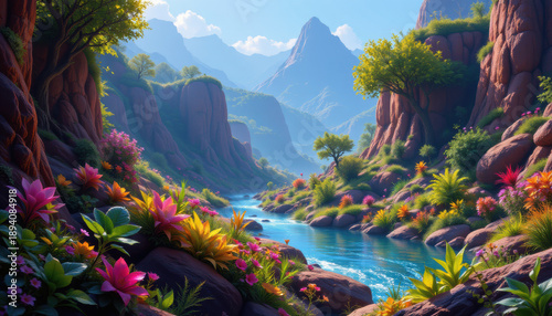 create a digital painting of an alien canyon forest river scene, set in a vibrant planetary environment