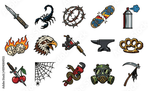 American Traditional Tattoo Flash Element Kit for Edgy Urban Streetwear and Alternative Graphic Design