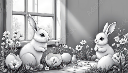 create a black and white illustration of an easter scene featuring happy bunnies and flowers blooming from cracked eggshells, all bathed in soft window light