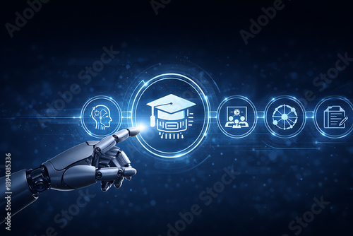 Artificial intelligence in education concept with robotic hand selecting digital learning and training interface