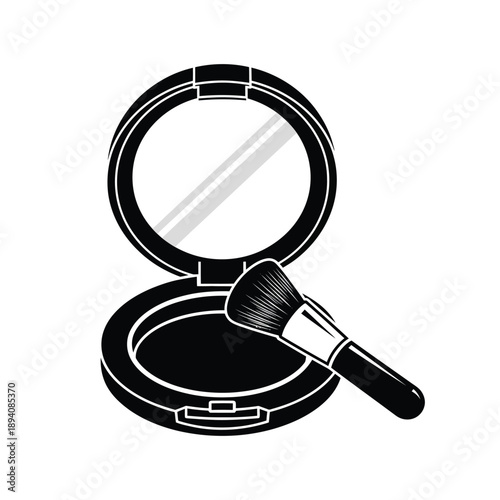 Black and white illustration of makeup brush and compact mirror