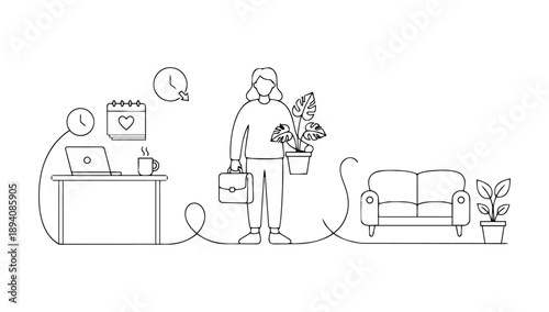 Work Life Balance Doodle Set Illustrating Daily Routine, Personal Time, Career Responsibilities, and Mental Wellness in a Simple Line Art Style