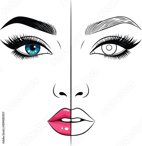 Striking visual comparison illustrating the dramatic transformation achieved through detailed cosmetic application versus a simple black line art outline of facial features