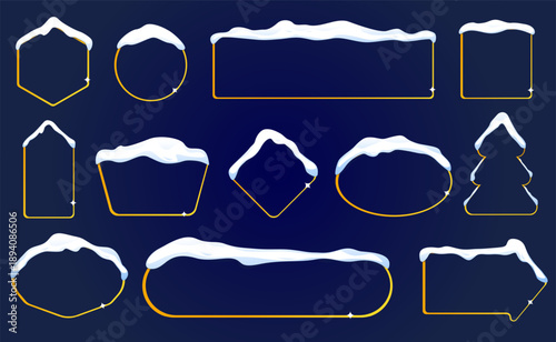 Snow covered gold frame templates for advertising or design. Winter signboards. Snowy signpost. Cold season. Geometric shapes with snowdrifts and icicles. Vector frozen empty borders set