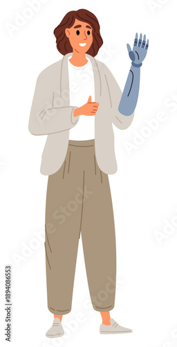 Smiling young woman with prosthetic bionic arm. Disabled girl. Greeting hand gesture. Rehabilitation after loss of limb. Handicapped patient. Health care and medicine. Vector concept