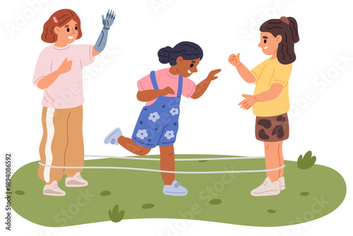 Smiling disabled girl with prosthetic arm having fun and playing with her friends. Children group jump through rubber band. Inclusive kids game with injured players. Vector concept