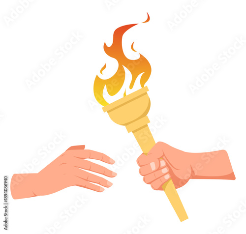 One hand passes burning torch to other arm. Passing baton. Olympic fire. Championship victory torchlight. Sport tournament. Flambeau combustion. Athletic competition. Vector concept