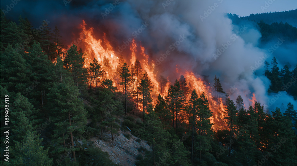 Fototapeta premium Wildfire spreading rapidly through pine woodland, trees ablaze, thick smoke cloud drifting, timber burning, climate crisis visualization, ecological emergency scene