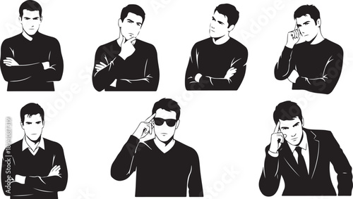 Illustration of a man in various thoughtful poses and outfits
