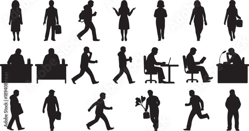 Business People Silhouettes in Various Office Settings and Actions Daily