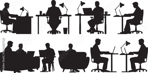Silhouettes of people working at desks and chairs office