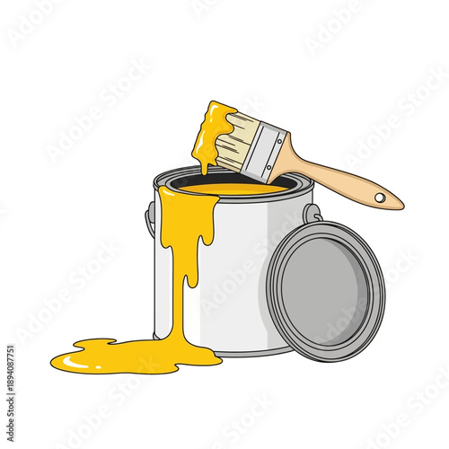 Yellow paint spilling from open can with brush, isolated on white