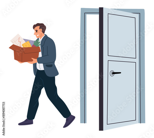Male employee fired from company. Depressed businessman carrying cardboard box with belongings leaving office workplace. Sad unemployed man. Dismissal worker. Loss job. Vector concept