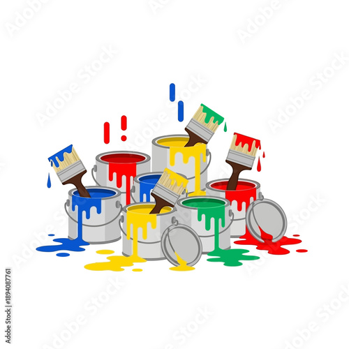 Colorful Paint Cans and Brushes Dripping Paint