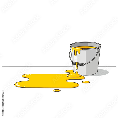 Yellow paint spills from an overturned bucket onto a white surface.