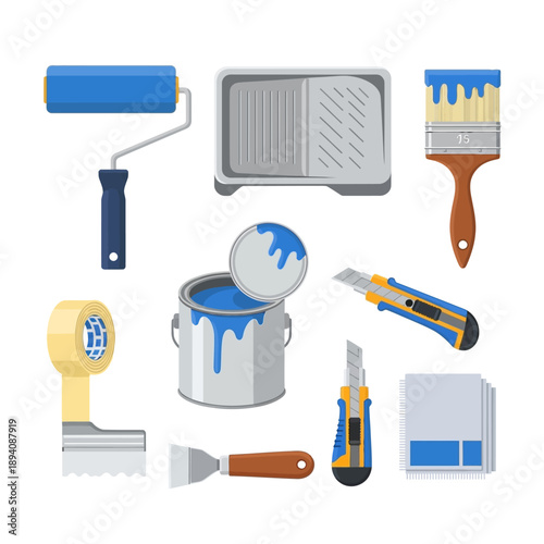 Painting Tools Set: Roller, Brushes, Paint Can, Tray, Cutter, Tape, Spatula
