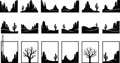 Desert silhouette landscape set with mesas, rolling dunes, cacti and dead trees, western panoramic scenes isolated on white