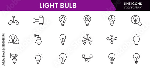 Light bulb idea line icons. Vector electric energy lamps and lightbulbs isolated outline symbols for creative solution, idea, innovation and inspiration concept.